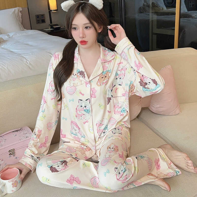 

Мода весна осень мягкий милый принт с мультяшным котом женский пижамный комплект кардиган пуговицы женский комплект из 2 предметов элегантная пижама для девочек XXL