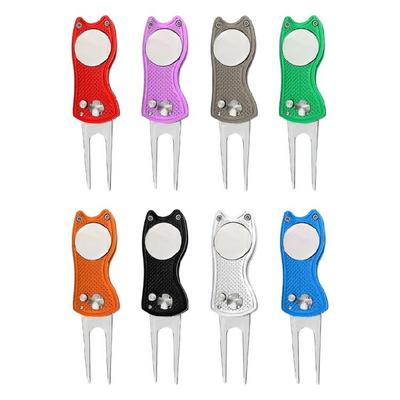 Foldable Metal Green Tool Golfs Divot Repair Tool with Magnetic Golfball Marker and Button Putting Green Fork Enduring
