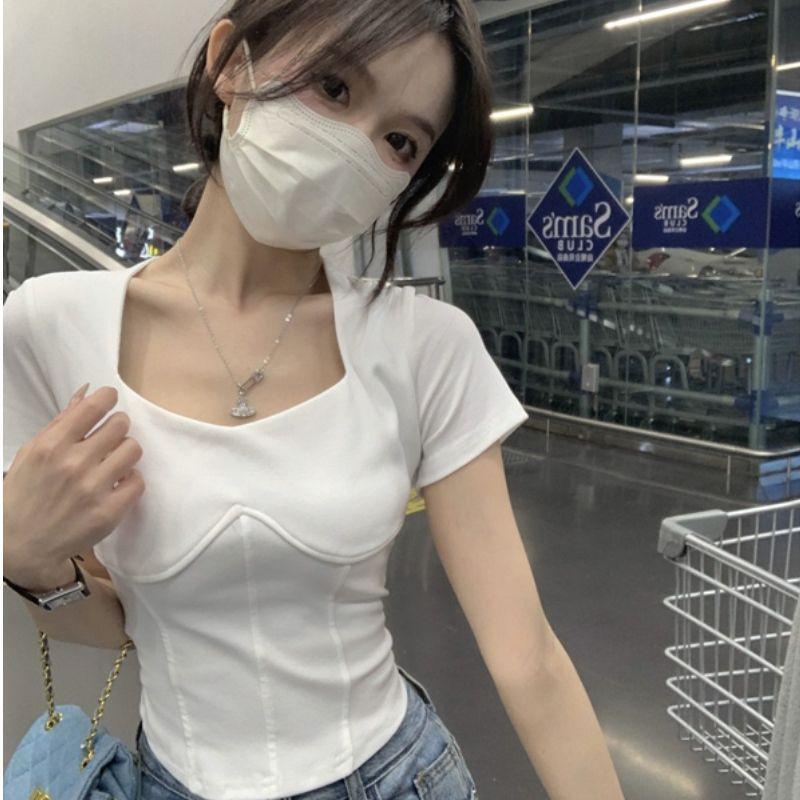 South East Asia new Korean version of fish bone design sense square collar T-shirt women's summer slim and thin short-sleeved top