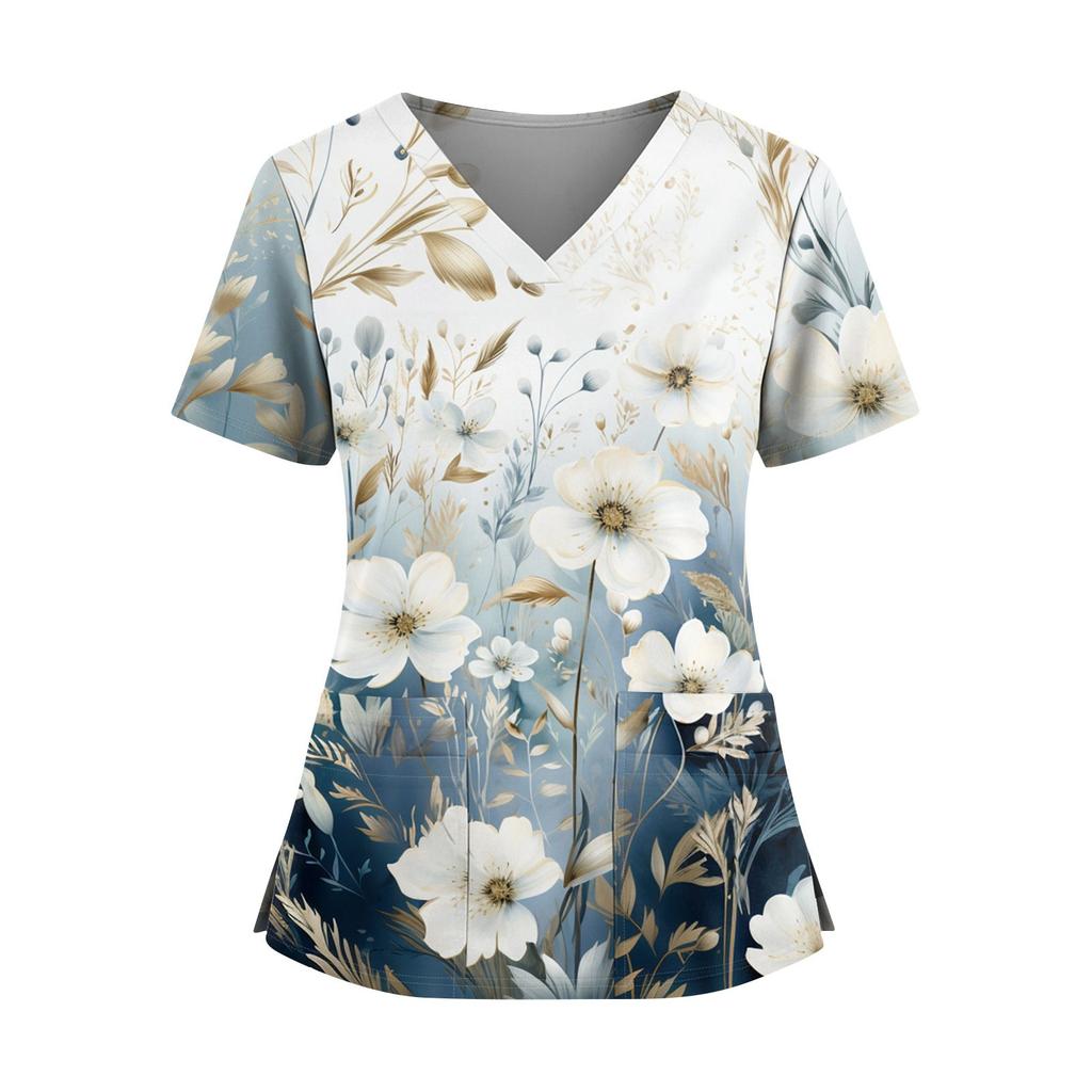 Women's Fashionable Printed V Neck Double Pocket Short Sleeved Shirt With Slit Hem Uniform And Worker Top