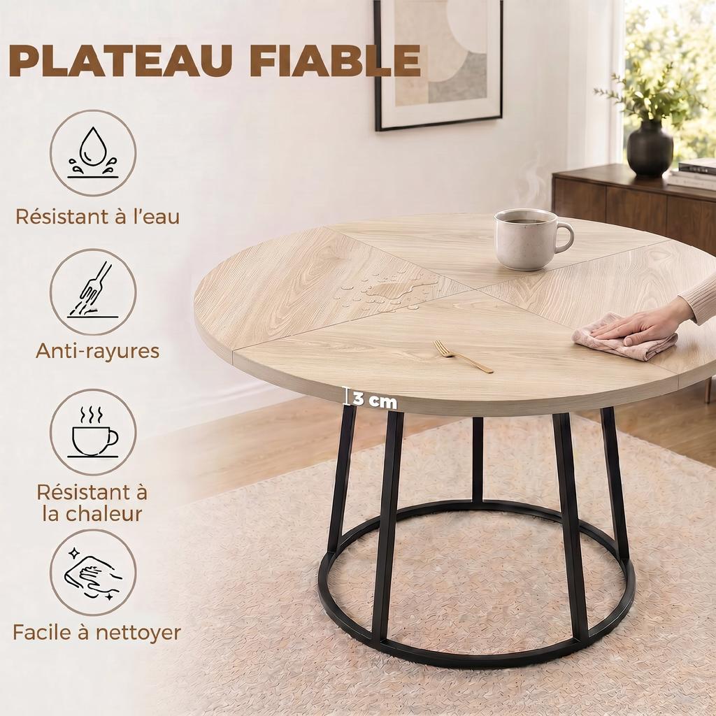 Round Dining Table for 4-6, 120 x 75 cm Diameter, Conical Metal Base, Natural Wood