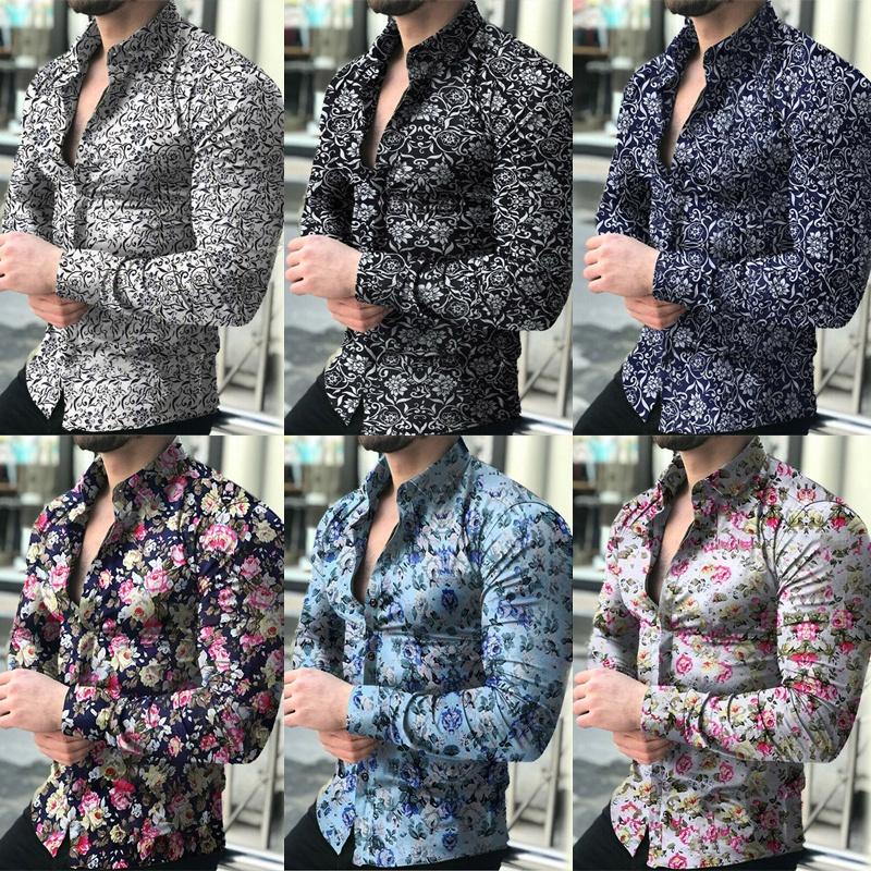 Stylish Men's Casual Long-sleeve Shirt With Trendy Floral Print And Slim Fit Design