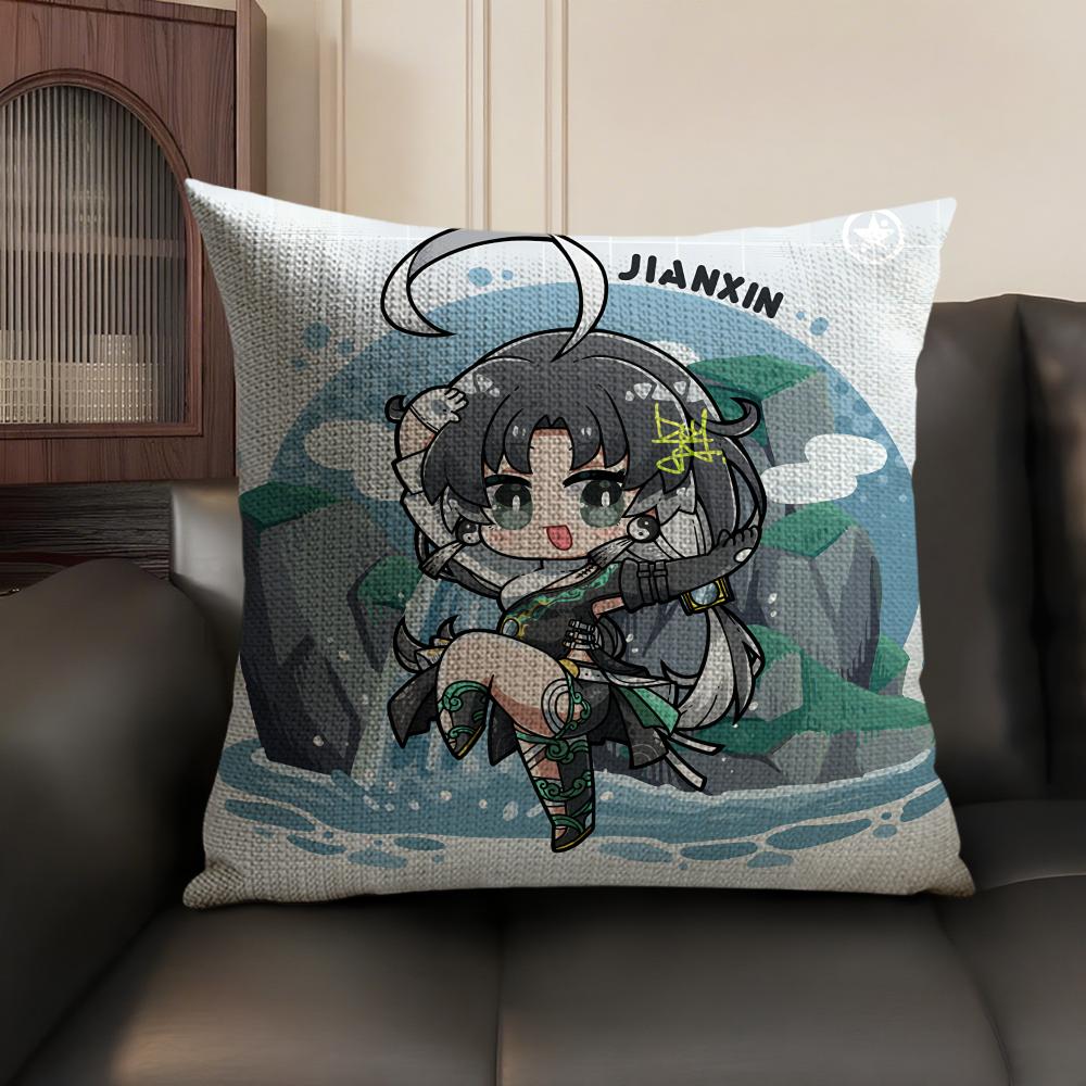 Jianxin Cute Wuthering Waves Cushion Cover Natural Linen Organic Fabric Double-Sided Printing Sofa Home Decor Gift Pillow Case