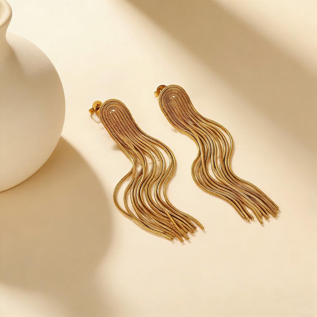 Niche High-end Irregular Fringed Stud Earrings Splicing Round Snake Chain Earrings Stainless Steel Plated 18K Gold Ear Jewelry