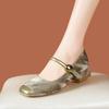 Thick heel spring fashion splicing square head national style word with retro Mary Jane single shoes women