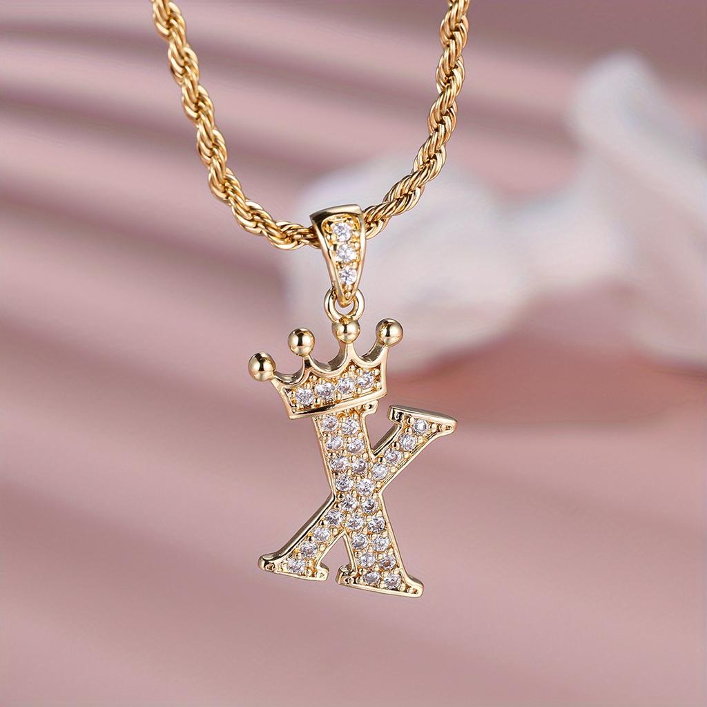 1 Pc Golden Color 26 English Letter Princess Crown Necklace Pendant Wedding Band Jewelry Valentine's Day Gift