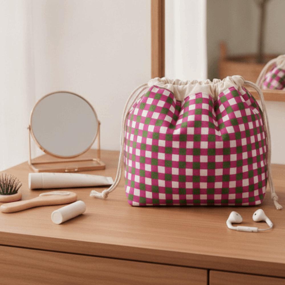 Plaid Pattern Drawstring Cosmetic Organizer Large Capacity Drawstring Storage Pouch  Travel Storage