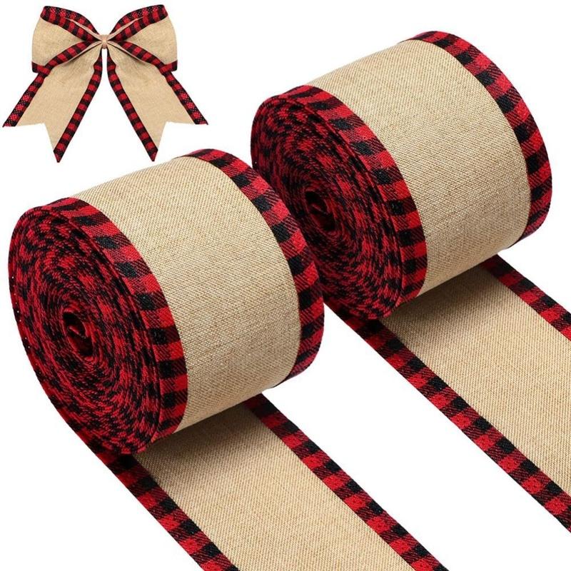 Set of 2 Christmas Wired Edge Buffalo Plaid Burlap Ribbons 5 5 Meters Each for Holiday Crafts and Wrapping Projects