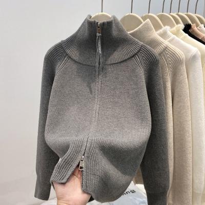 Knitted Cardigan Sweater Jacket Women's Spring Turtleneck Double Zipper Thickened Outer Wear Retro Solid Color Top