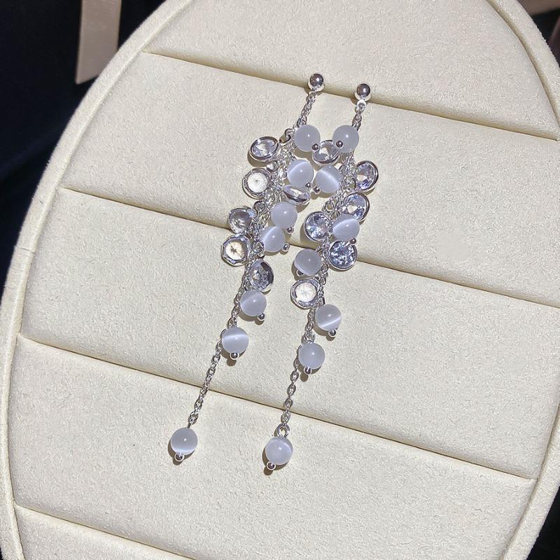 Silver needle personalized zircon opal fringed earrings light luxury high-end stud earrings niche fashion exaggerated earrings