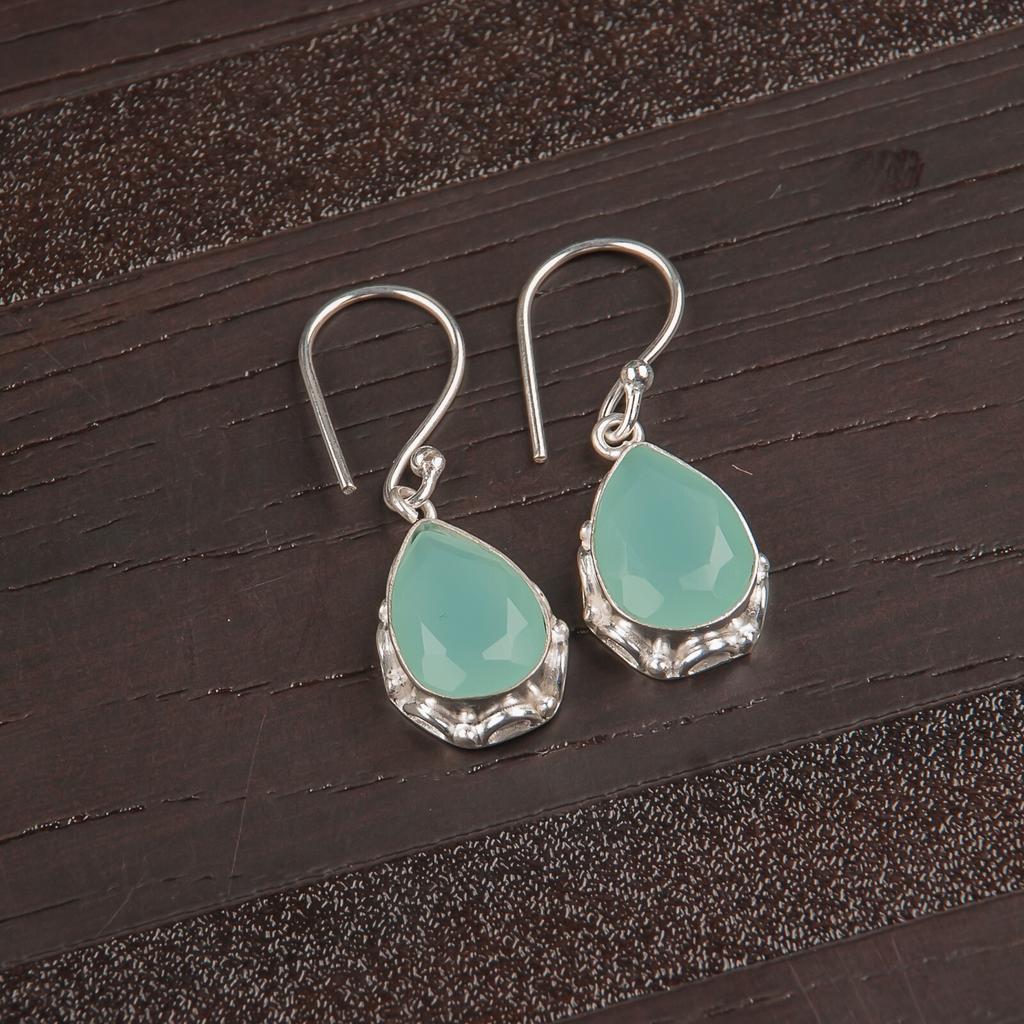 Aqua Chalcedony Gemstone 925 Stamped Silver Jewelry Handmade Hook Earrings 1.30" EE-3-16