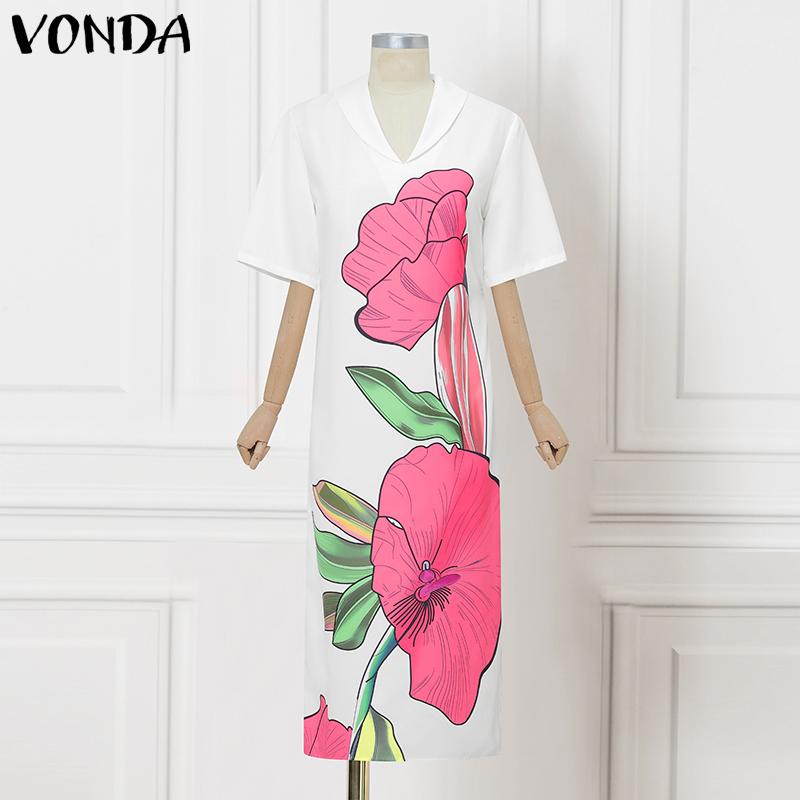 VONDA Summer Women V Neck Half Sleeve Floral Print Back Lace-up Casual Long Dress