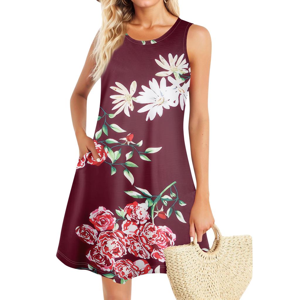 Summer Dresses For Women Beach Boho Sleeveless Printing Flowy Pocket Tshirt Tank Sundresses