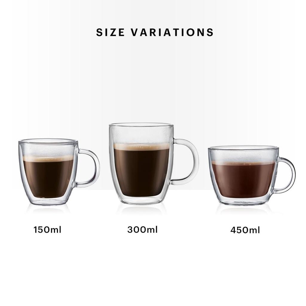 BODUM Glasbecher BISTRO Bistro, doppelwandiger Becher, 150 ml, 2er-Set, speichert Wärme und Kälte, doppelwandiges, hitzebeständiges Glas, mikrowellengeeignet, ofenfest
