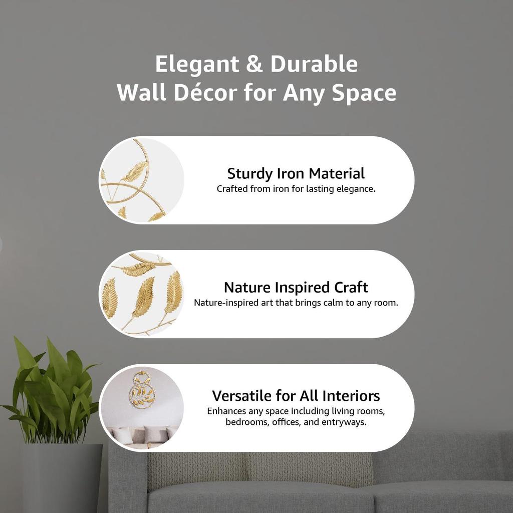 Metal Wall Frame | Elegant Nature | Inspired Leaf Design| Sturdy Iron | Wall Hanging | Wall Décor | Easy Installation | 40 x 40 cm