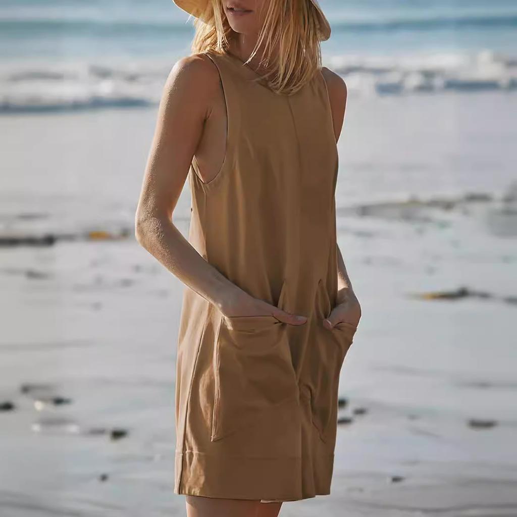 Casual Jumpsuit Summer Loose Sleeveless Pocket Body Shorts Women