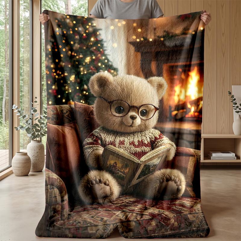 Teddy Bear Hearts Pattern Theme Blanket Lightweight Warm Flannel Blanket Decorative Throw Blanket for Home Decoration