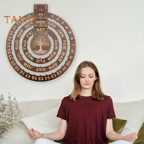 Dřevěný otočný kruhový věčný kalendář Měsíc strom Sluneční kulatý ciferník Nástěnný věčný kalendář pro nástěnnou dekoraci na stůl