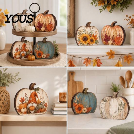 Floral Sunflower Pumpkin Decor Thanksgiving Fall Table Decoration, Rustic Block Wooden Sign, Autumn Vintage Signs Farmhouse Tabletop Centerpiece
