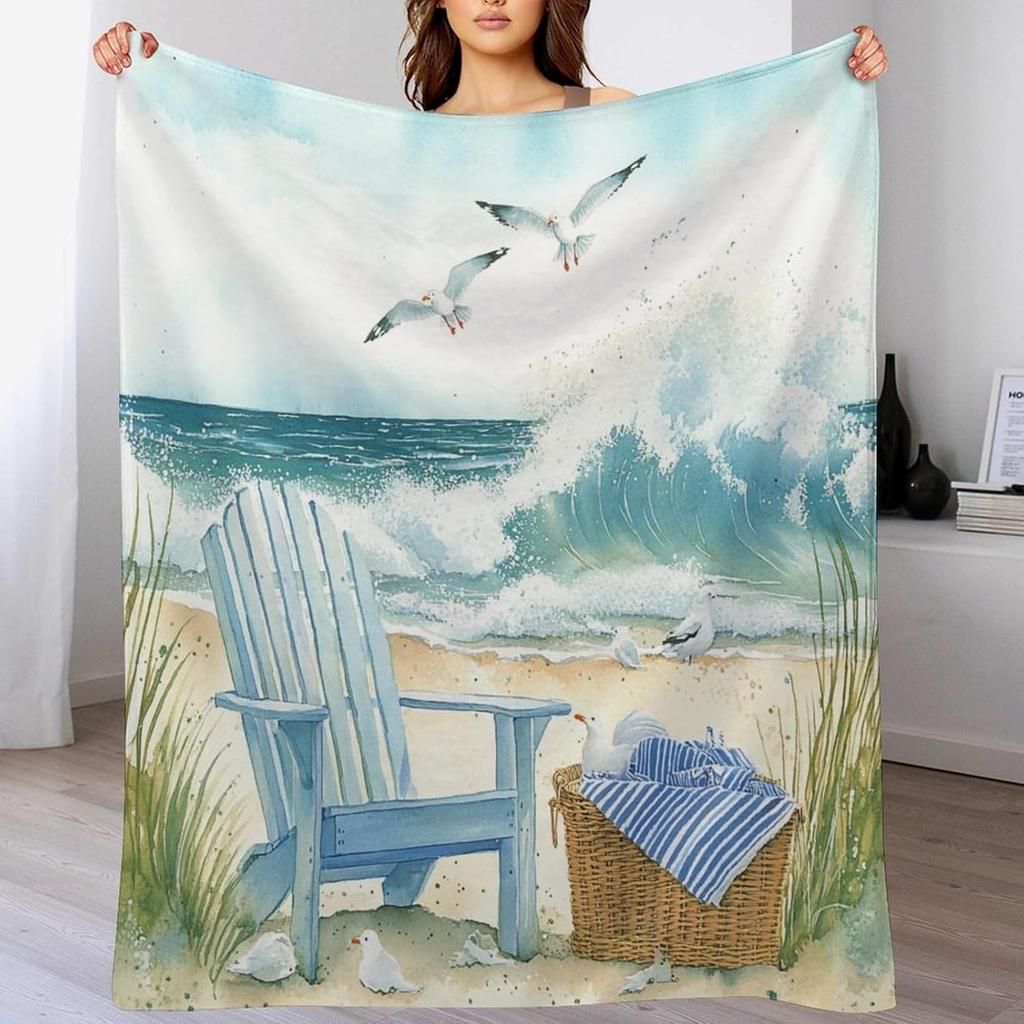 Beach Blanket Ocean View Seagull Chair Waves Coastal Decor Soft Throw Seaside Art Bedroom Textile Relaxing Home Accessory