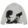 Winter Gothic Print Knit Sweater Unisex Loose Fit Long Sleeve Round Neck Streetwear