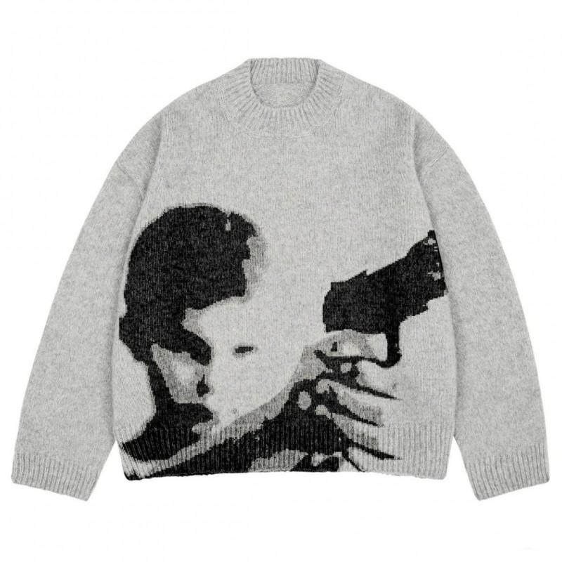 Winter Gothic Print Knit Sweater Unisex Loose Fit Long Sleeve Round Neck Streetwear