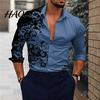 Office Shirt Men Gradient 3D Printed Long Sleeve Turndown Collar Male Slim Fit Temperament Button Down Clothing