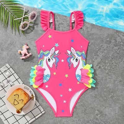 Niedlicher, modischer Einteiler Badeanzug mit Einhorn-Print für Kinder, gerüschter Badeanzug für Mädchen, Kleinkinder, Bikini-Bademode, Monokini für heiße Quellen