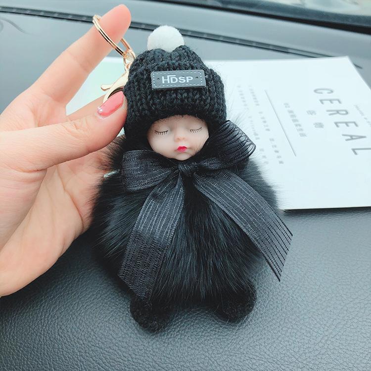 Korean Bow Keychain: Squinting Doll with Fox Fur Pendant - A Unique Japanese and Korean Gift