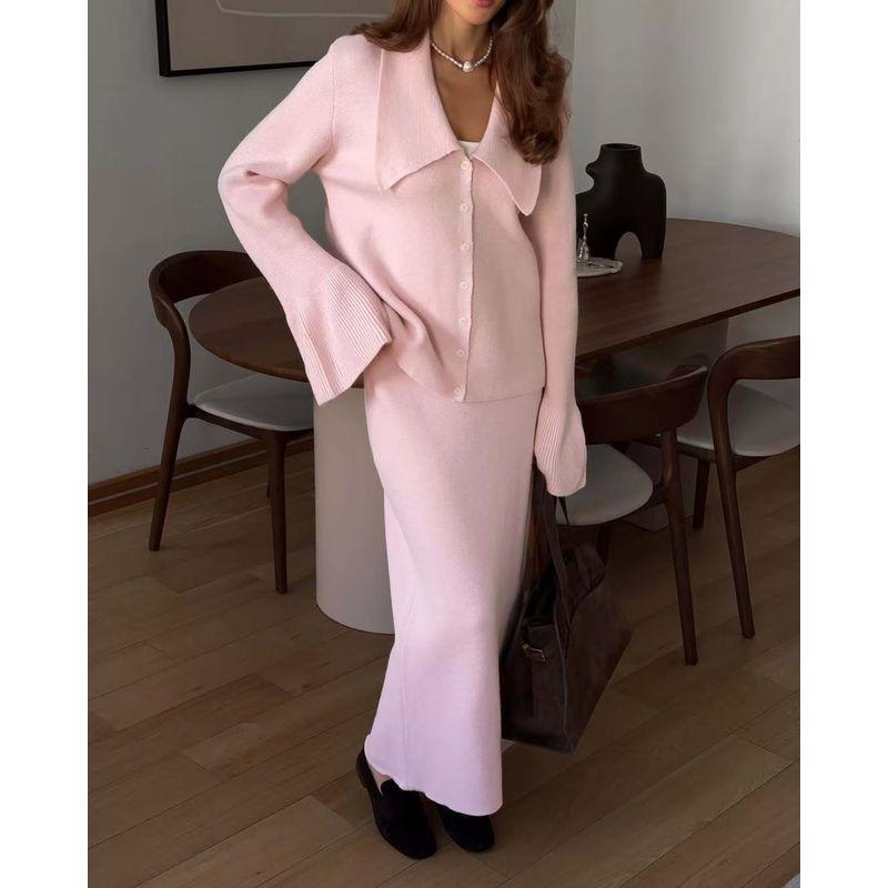 

Мода Новая Мода Повседневный Вязаный Кардиган Свитер Юбка Костюм Свитер и Юбка Комплект Pink L