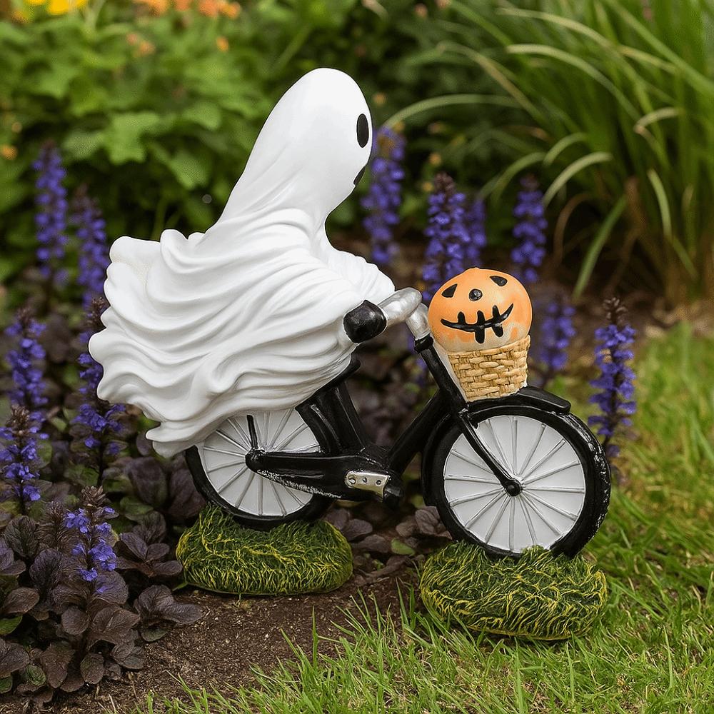 Cute Resin Ghost Bike Rider Cartoon Funny Ghost Figurines Ornament Handmade Ghost Statue Halloween
