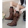 Full Cowhide Pile Western Boots 2025 Winter Thick Middle Heel Round Head Middle Heel Belt Buckle Loose High Boots Women