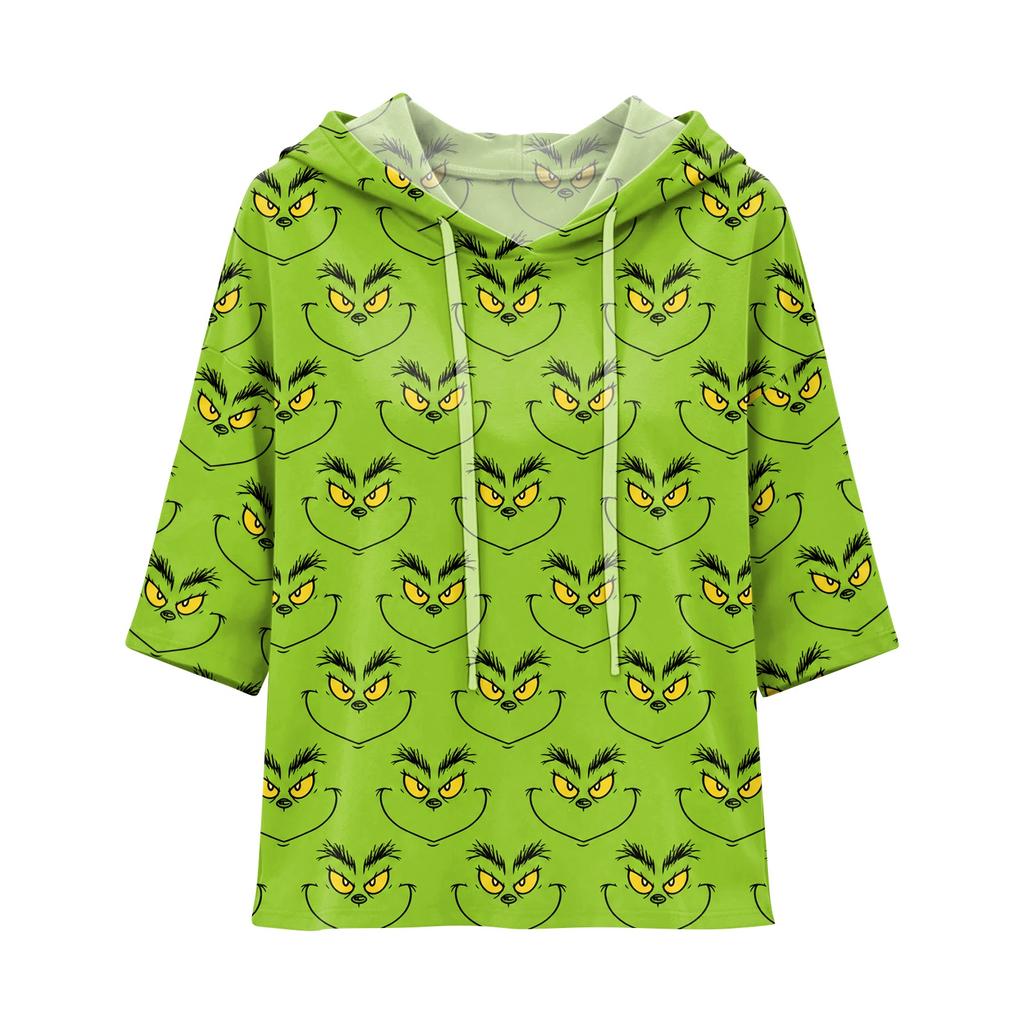 Women's 3/4 Sleeve Hooded Christmas Character Print T-Shirt, Casual Holiday Top