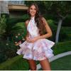 Abito Mini Dolce da Donna con Allacciatura Halter in Pizzo Sexy Senza Schiena Volant Impilati A-line Aderente Moda Femminile Abiti da Festa da Principessa