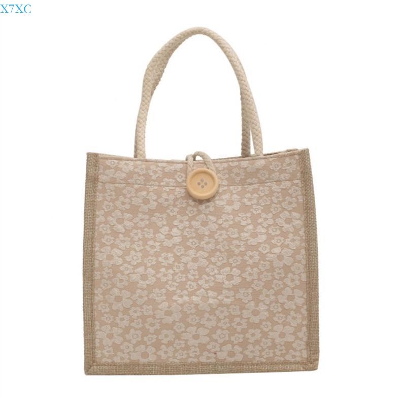 

X7XC Casual Burlap Handbag Lightweight Shopping Bag Reusable Grocery Beach Bags хакі