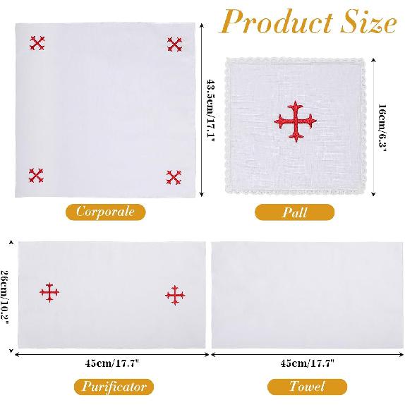 4 Pack Altar Supplies Linen Corporal for Churches Set(Pall,Corporal,Purificator,Towel),White Linen Altar Cloth Red Cross Embroidery,Mass Kit Catholic