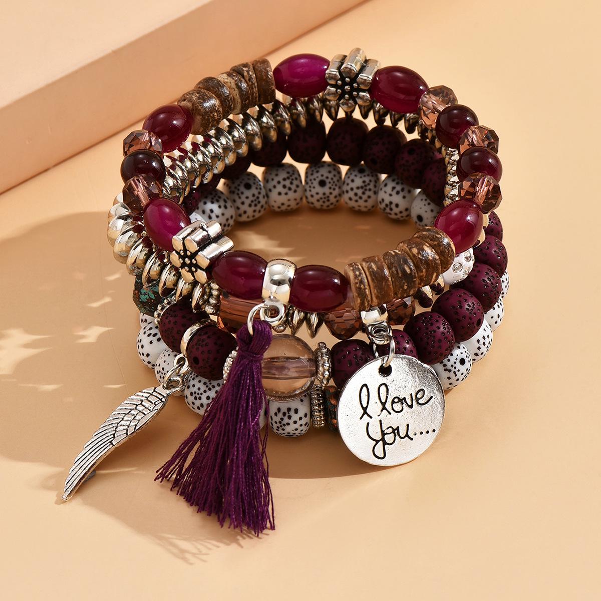 

Европейский и американский хрустальный бирюзовый набор браслетов с кисточкой из сплава в виде листа - 4 штуки