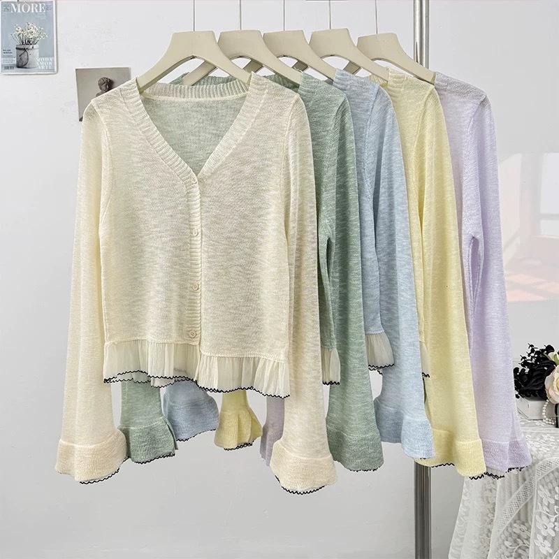 V Neck Flare Long Sleeve Knit Top Summer Versatile Loose Sun Protection Cover Up Blouse Women