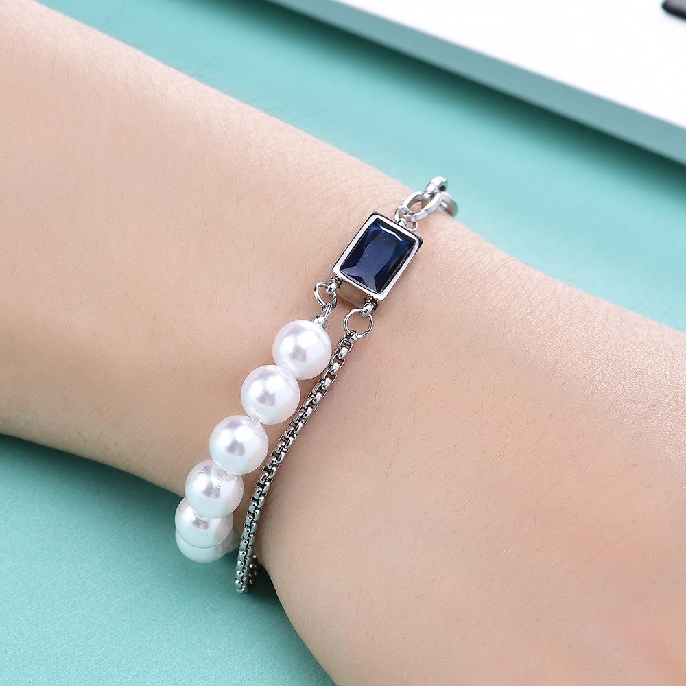 European-American Creative Rectangle Sapphire Pearl Chain Bracelet for Women