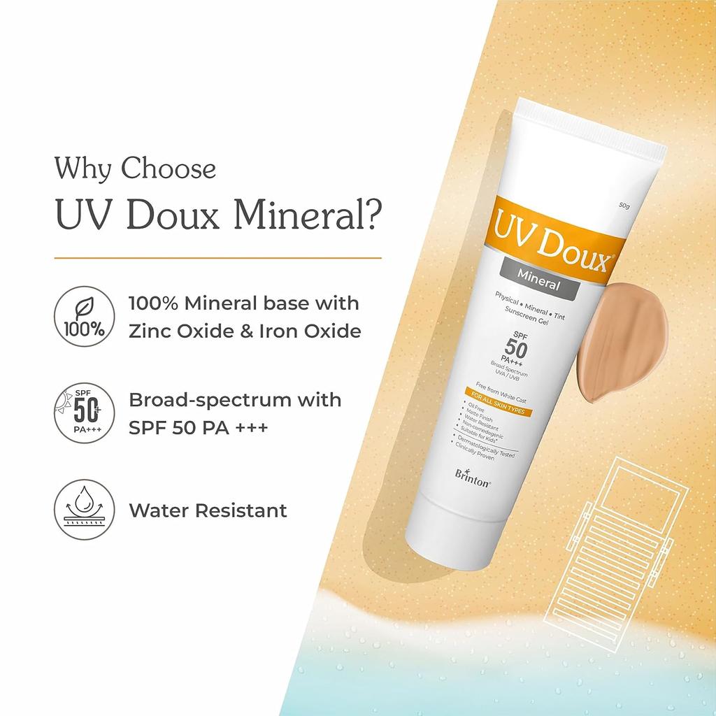 Brinton UV Doux SPF 50 PA+++ Mineral Based Sunscreen Gel | No White Cast | Tinted & Water Resistant | UVA/UVB Protection | Men, Women & Children - 50g
