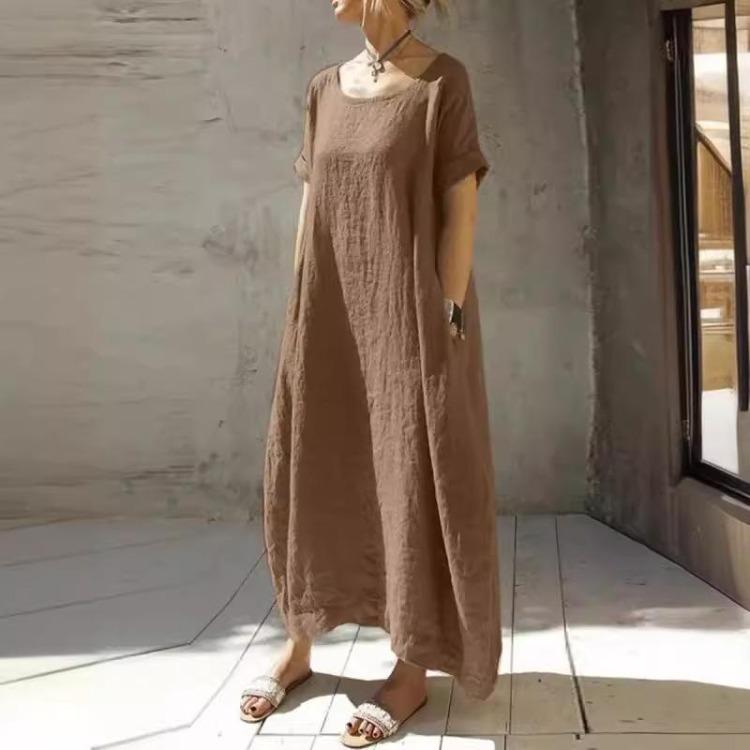 Women's Casual Dresses - Women's Cotton Linen Dress Loose Fit Round Neck Slit Belted Design Round Neck Short Sleeved Loose Dress