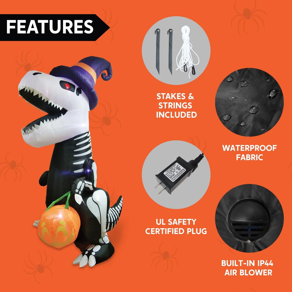 Joyfy Halloween Inflatable 8 FT Skeleton Dinosaur with Build-in LEDs Pumpkin for Halloween Outdoor Blow up Yard Decorations