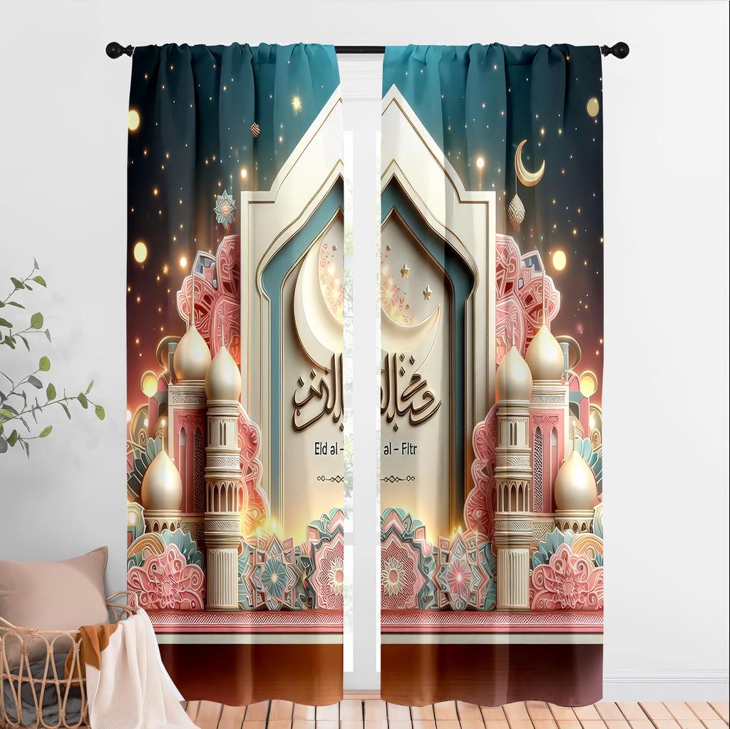 2pcs  Eid al Fitr Theme Traditional Pattern Curtains Islamic Style Living Room Bedroom Drawbar Pocket Window Decoration