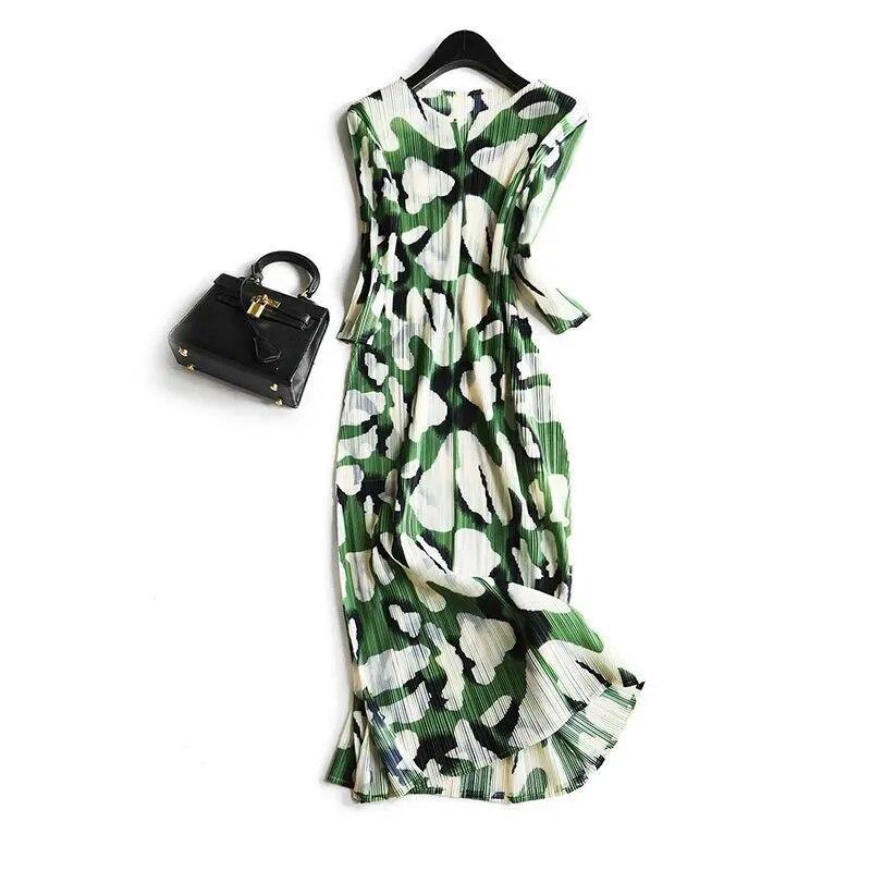 

Свободное и тонкое платье с круглым вырезом и рукавами три четверти, женское летнее новое плиссированное повседневное платье с принтом, женские топы XXXL зелёный
