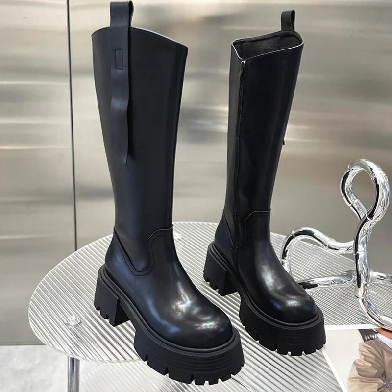 Punk Style Women Knee High Boots Fashion Zippers Shoes Thick Heel Autumn Winter Ladies Knight Long Booties