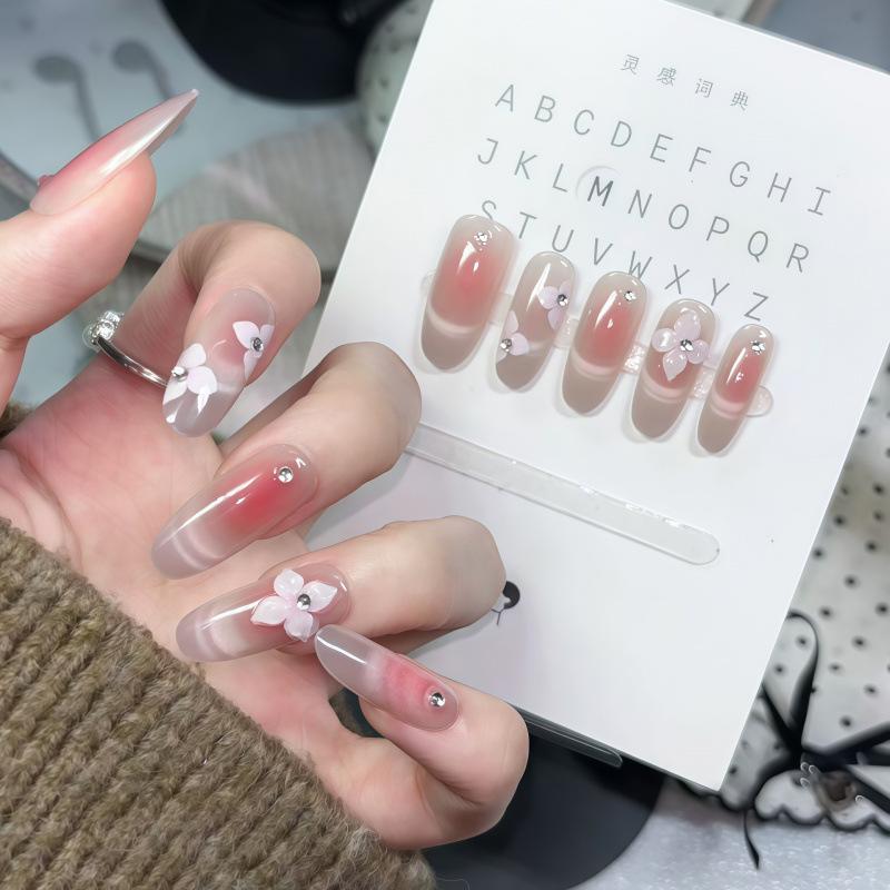 Reusable Gentle Nude Pink 3D Flower Press-on Short Oval Nails, Versatile and Translucent for Students