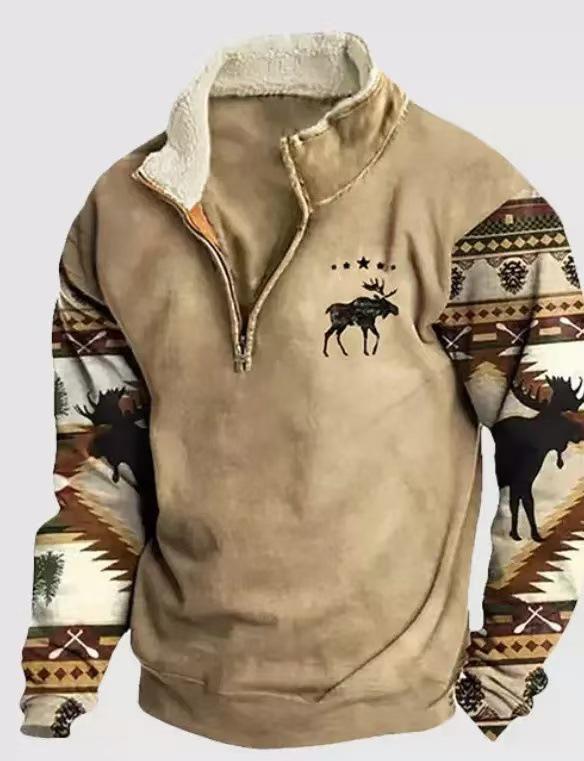 2025 Retro 3D Print Stand Collar Velvet Men's Hoodie for Autumn/Winter