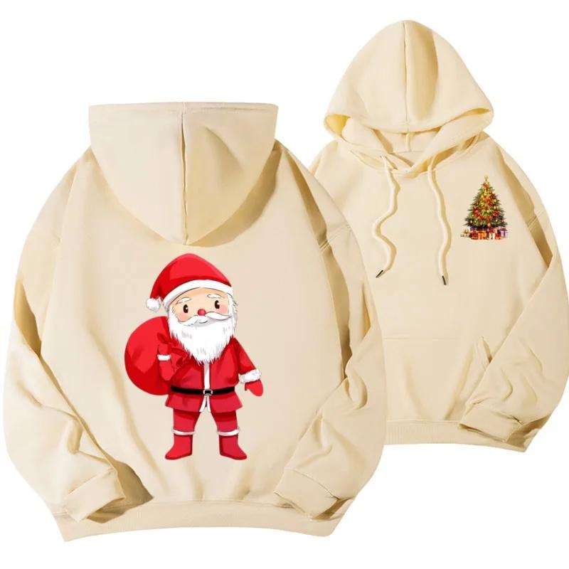 Unisex Merry Christmas Santa Claus Graphic Hoodie, Snowman Print Oversized Pullover Sweatshirt, Casual Christmas Streetwear Top