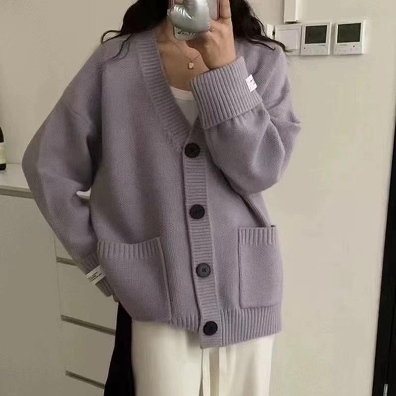 Fashion Solid Casual Grey Tops Sweater Women 2024 Autumn Warm Knitted V-neck Long Sleeve Women's Apricot Cardigans Coat