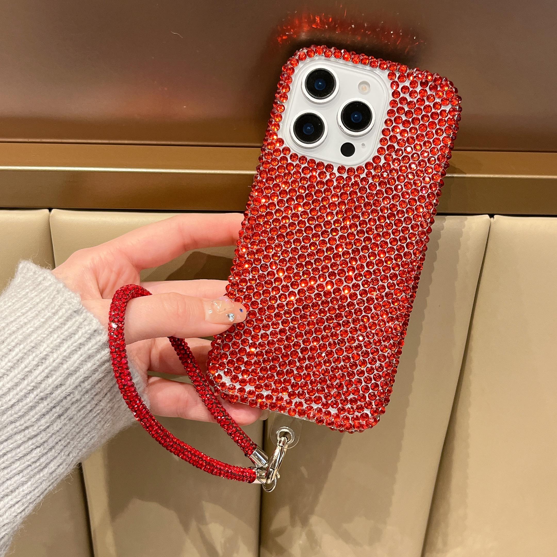 

Чехол для iPhone 16 Pro Max Роскошный защитный чехол для телефона, инкрустированный стразами, с цепочкой для руки Red